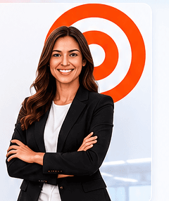 Lojista sorrindo com braços cruzados em frente ao alvo Carhoo.